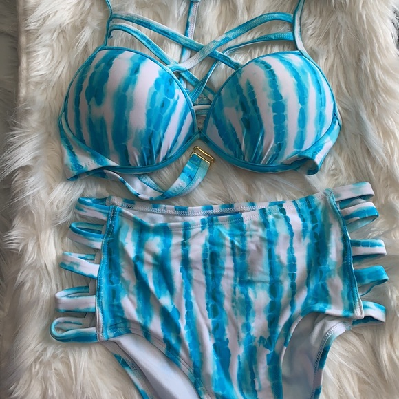 Turquoise & white Collections by Catalina brand high waisted push up bikini - Picture 5 of 8